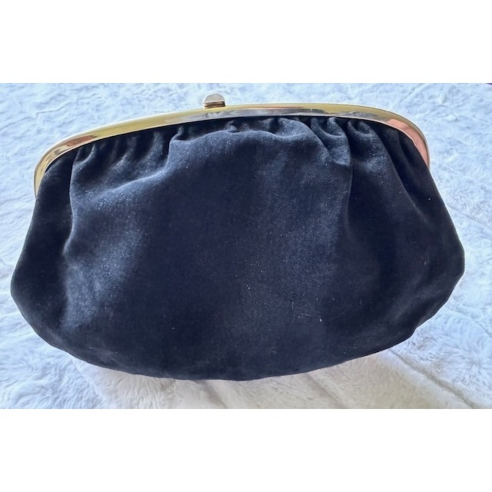 Vintage Italian Black Suede Clutch Bag Gold Tone Kiss Lock Made in Italy Evening